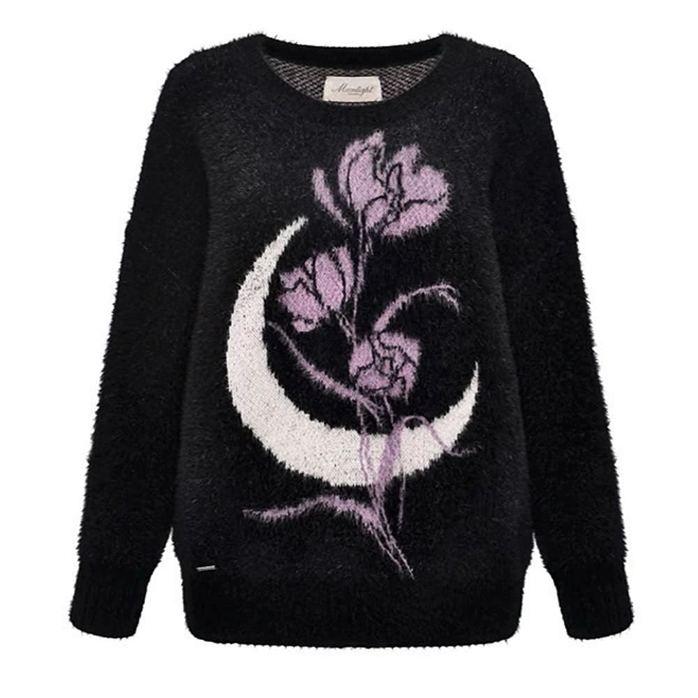 FUZZY BLACK SWEATER PURPLE ROSE MOON GRAPHIC