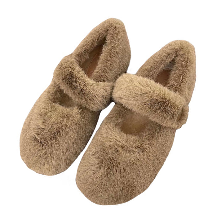 FUZZY BROWN MARY JANE SHOES FOR WOMEN