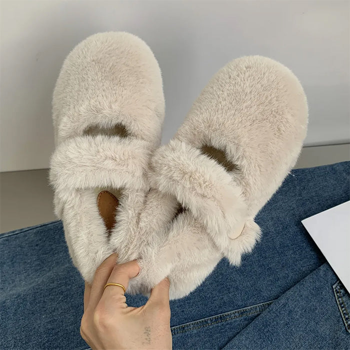 FUZZY BROWN MARY JANE SHOES FOR WOMEN