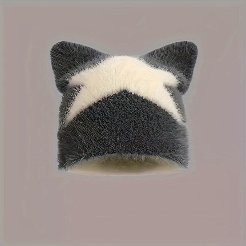 FUZZY CAT EARS BEANIE WITH GRAY AND WHITE DESIGN