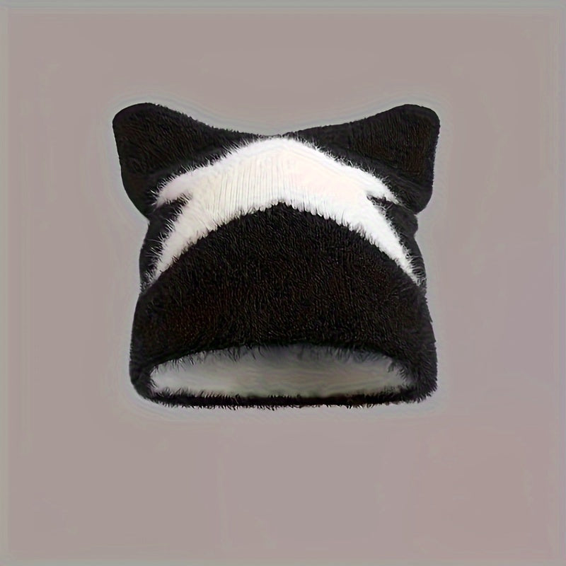 FUZZY CAT EARS BEANIE WITH GRAY AND WHITE DESIGN