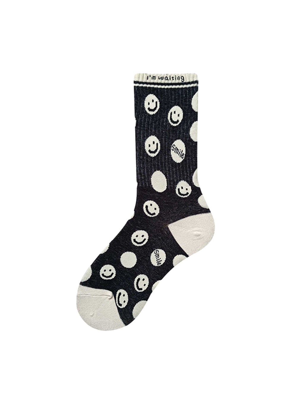 GENDER NEUTRAL COTTON BLEND BLACK SOCKS WITH WHITE SMILEY FACES