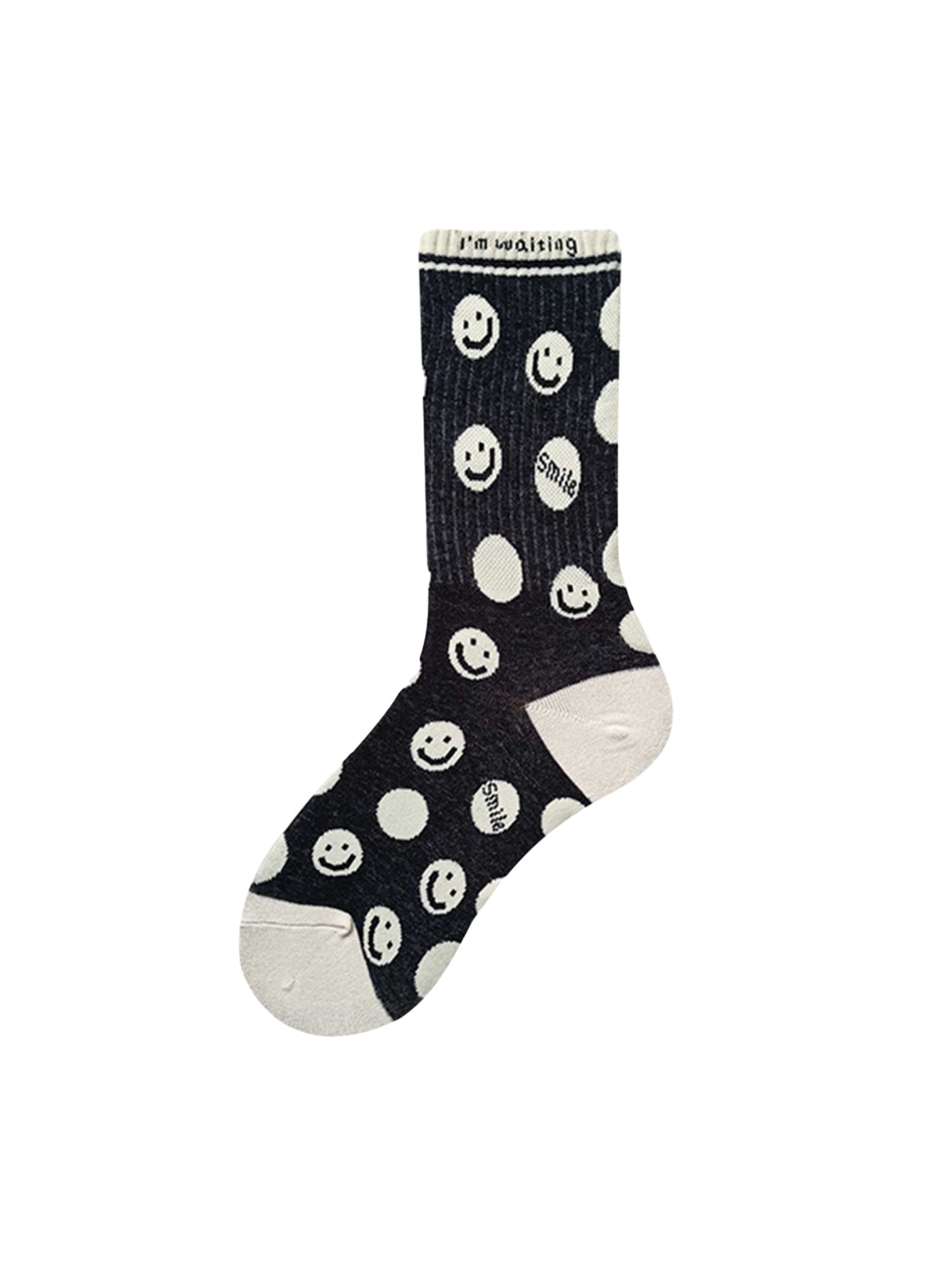 GENDER NEUTRAL COTTON BLEND BLACK SOCKS WITH WHITE SMILEY FACES