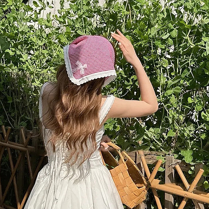 GINGHAM BONNET WITH ADJUSTABLE TIE STRAPS