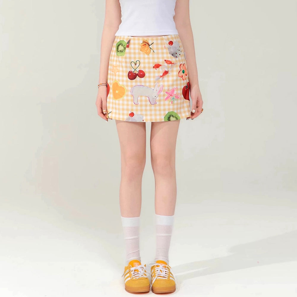 GINGHAM FRUTTI PRINT SKIRT PASTEL CHECK PATTERNS