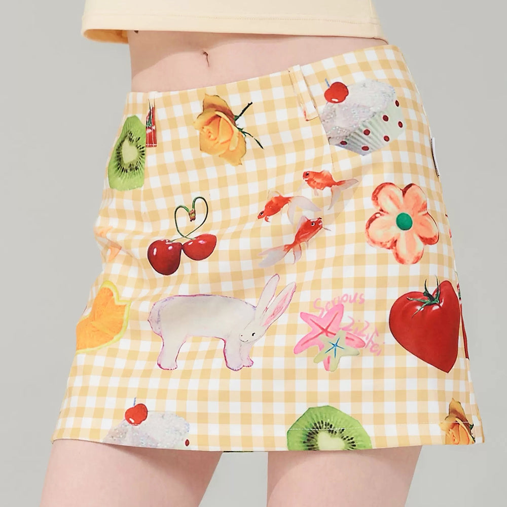 GINGHAM FRUTTI PRINT SKIRT PASTEL CHECK PATTERNS
