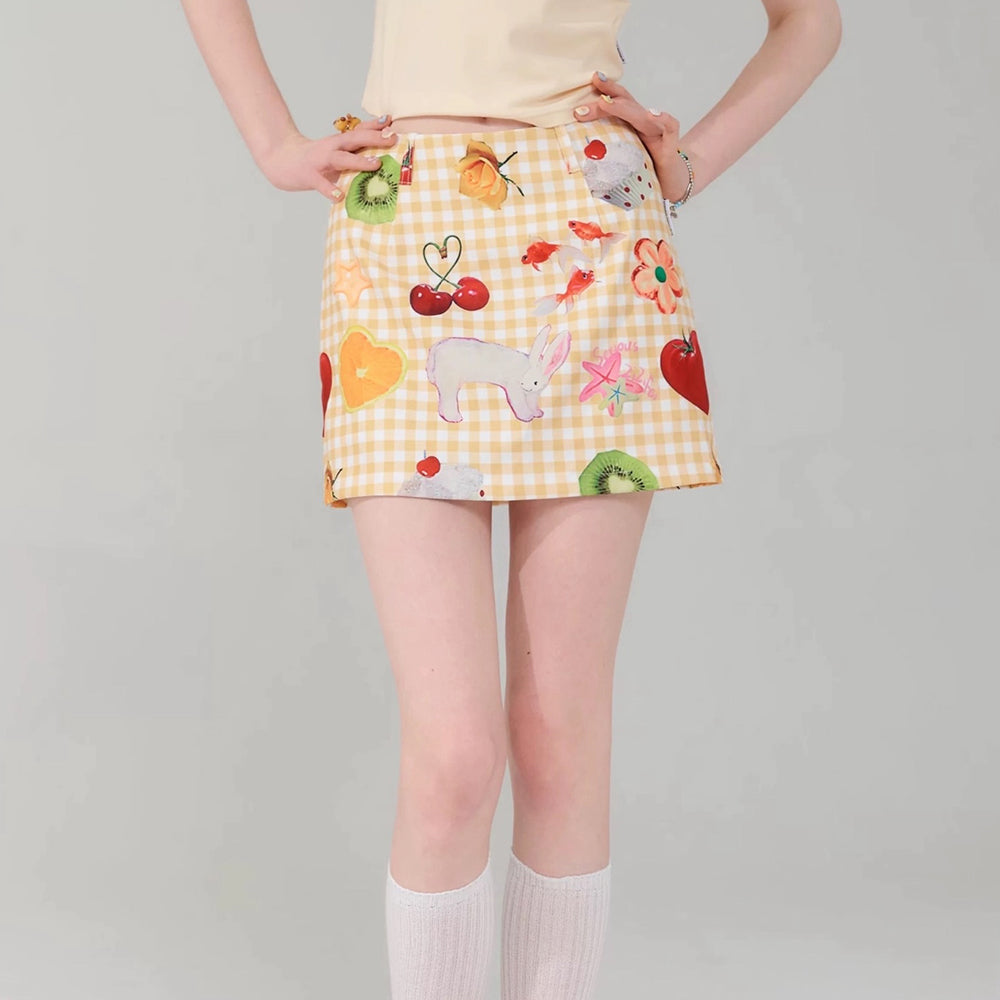 GINGHAM FRUTTI PRINT SKIRT PASTEL CHECK PATTERNS