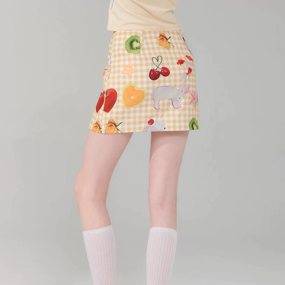 GINGHAM FRUTTI PRINT SKIRT PASTEL CHECK PATTERNS