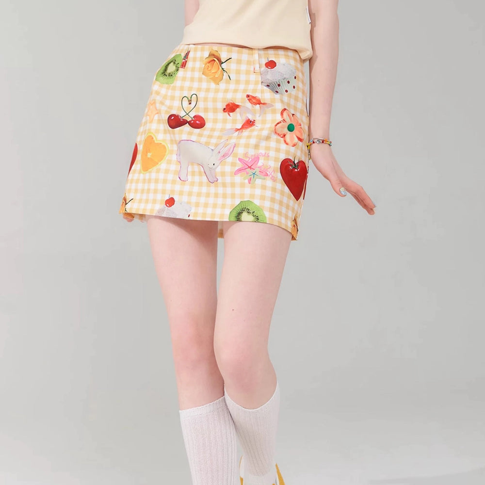 GINGHAM FRUTTI PRINT SKIRT PASTEL CHECK PATTERNS