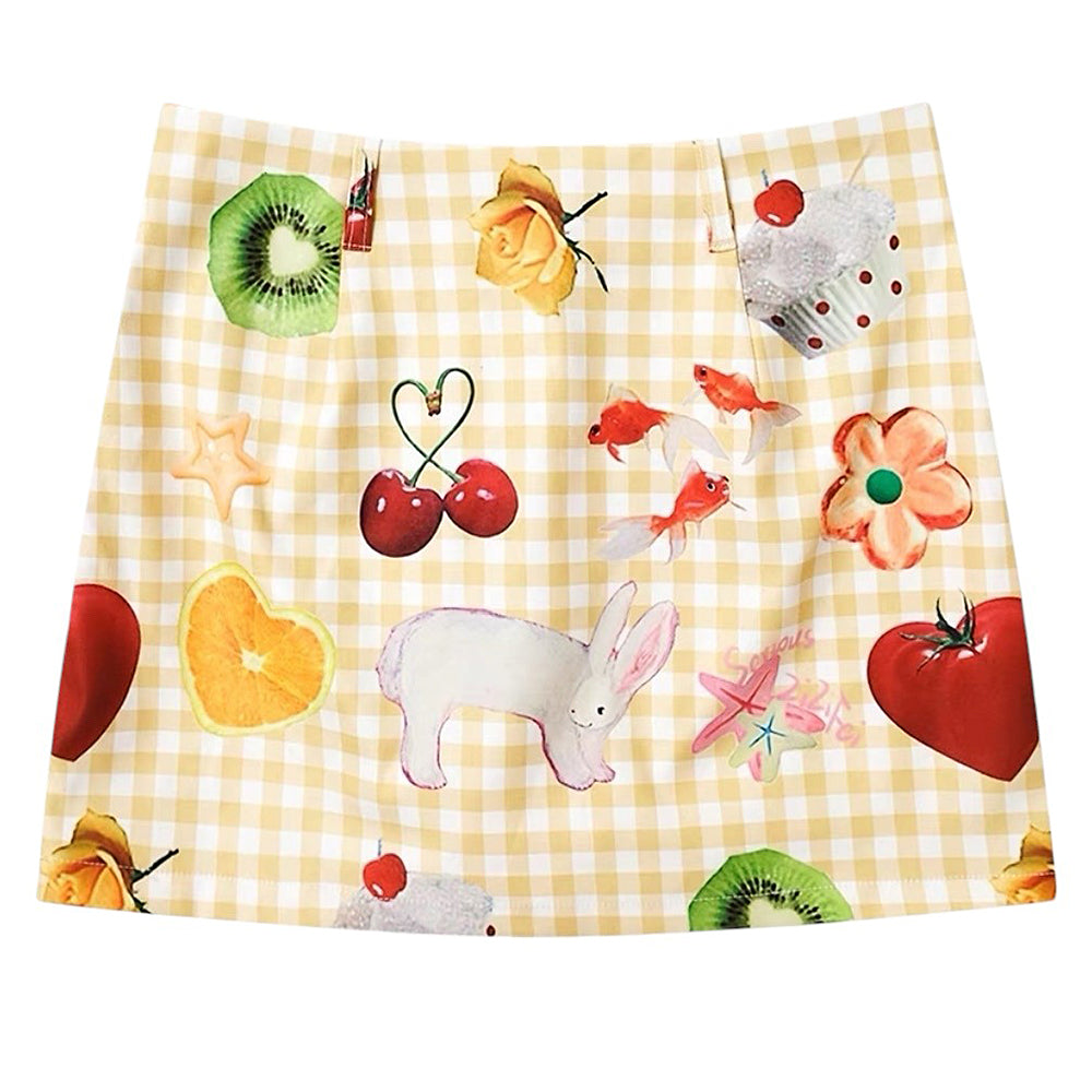GINGHAM FRUTTI PRINT SKIRT PASTEL CHECK PATTERNS