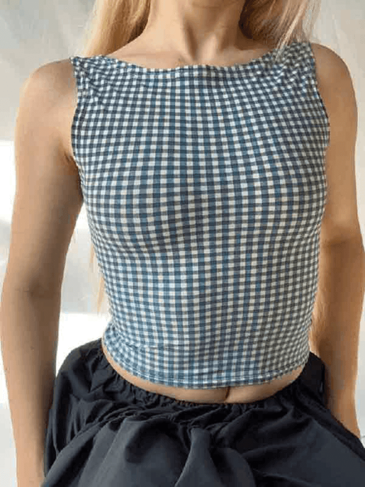 GINGHAM TANK TOP WITH ROUND NECK AND SLIM FIT