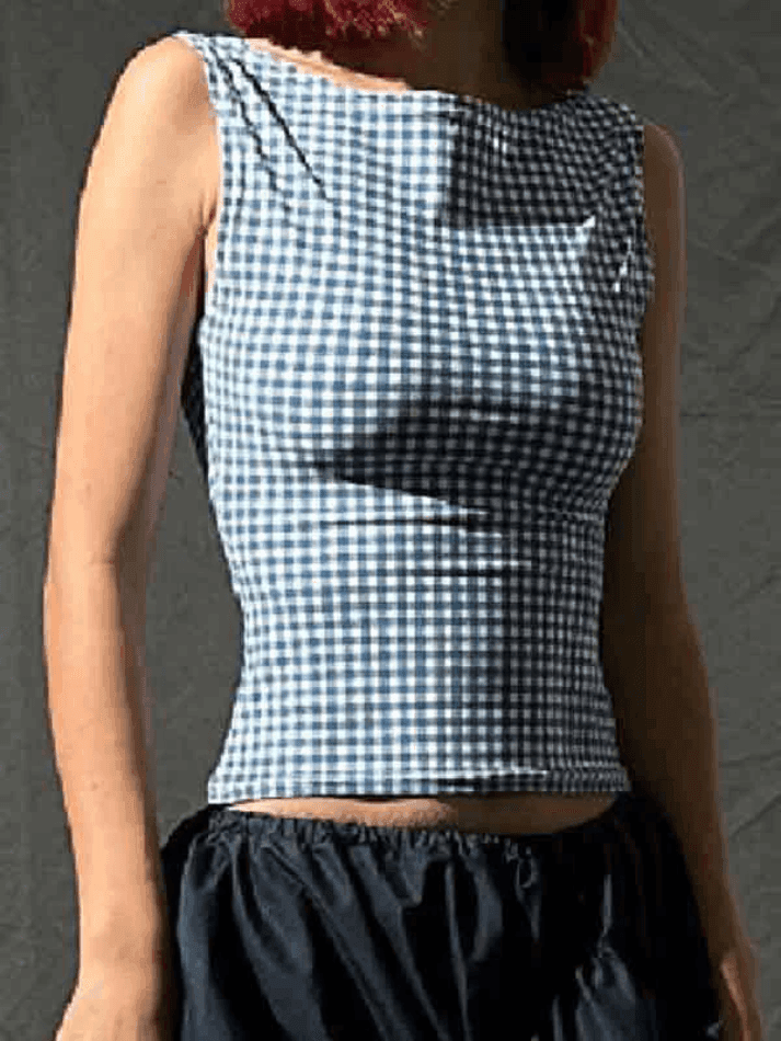 GINGHAM TANK TOP WITH ROUND NECK AND SLIM FIT