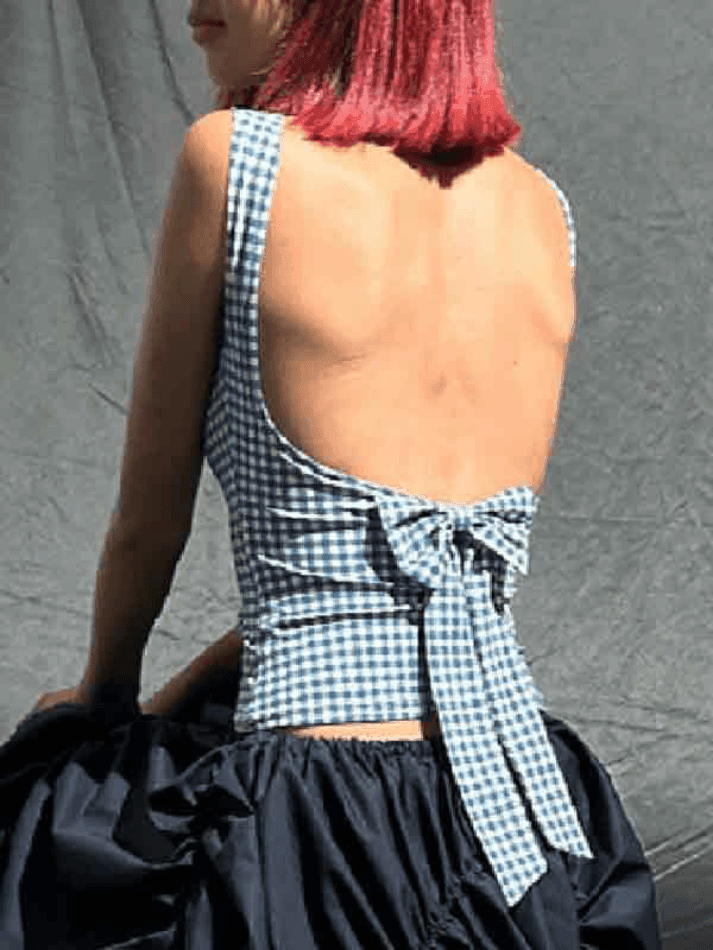 GINGHAM TANK TOP WITH ROUND NECK AND SLIM FIT