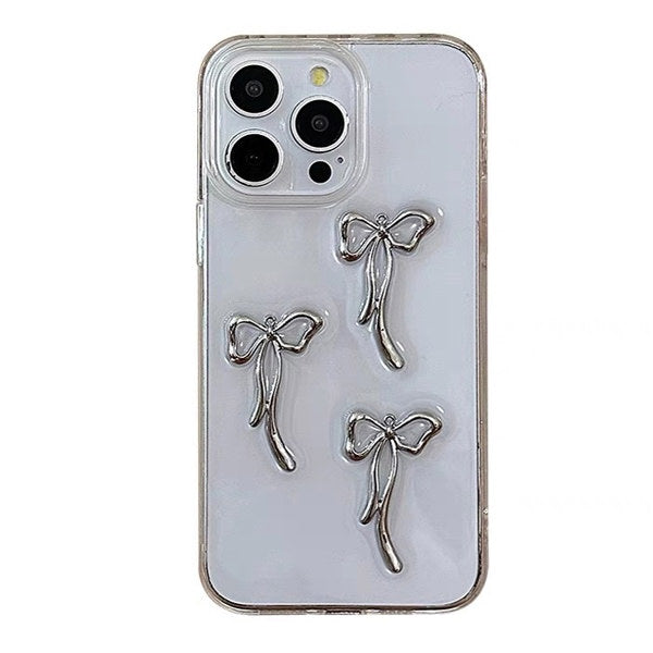 GIRL BOW IPHONE CASE WITH SILVER BOW ACCENTS FOR COQUETTE STYLE