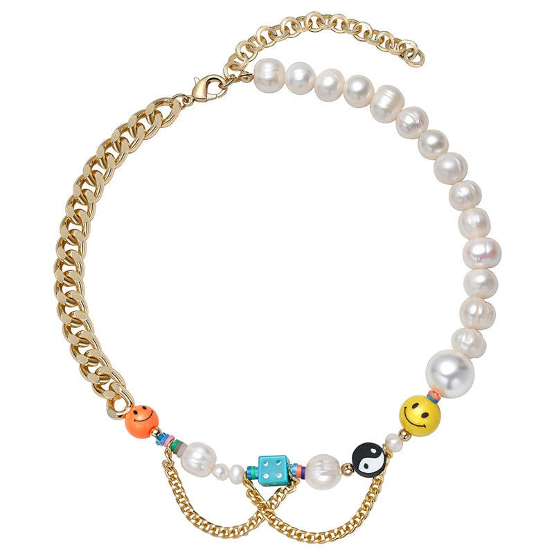 GOLD CHAIN AND PEARL NECKLACE WITH COLORFUL CHARMS FRESHWATER PEARL