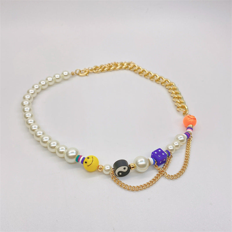 GOLD CHAIN AND PEARL NECKLACE WITH COLORFUL CHARMS FRESHWATER PEARL