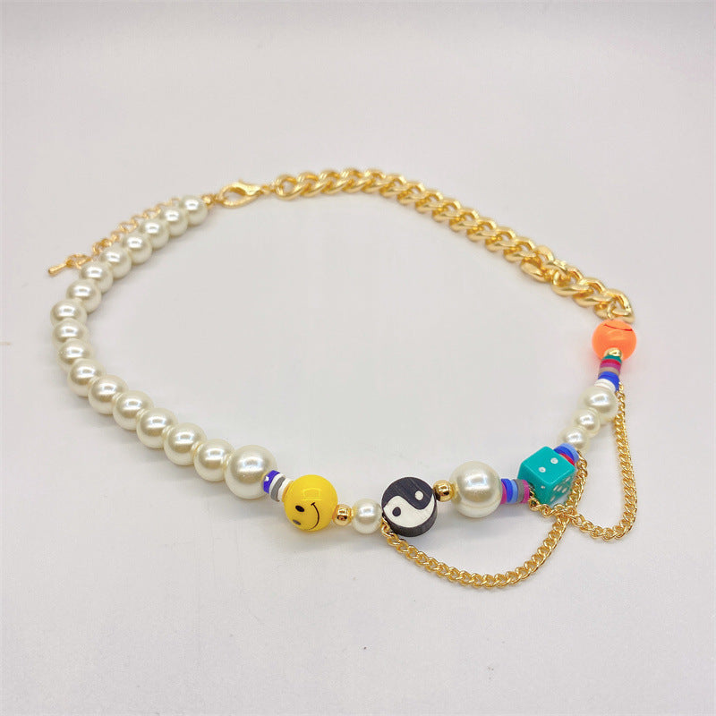 GOLD CHAIN AND PEARL NECKLACE WITH COLORFUL CHARMS FRESHWATER PEARL