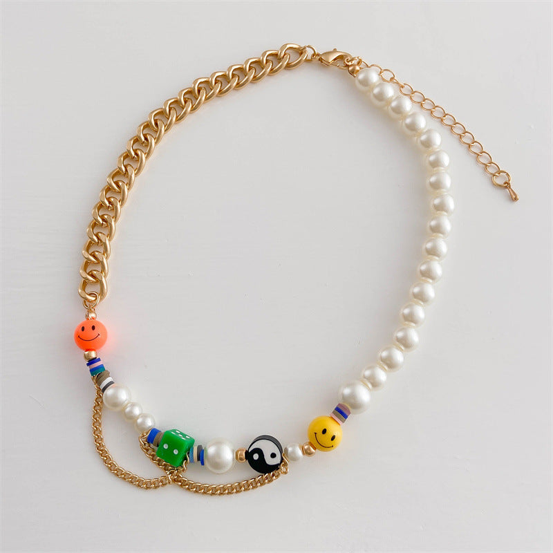 GOLD CHAIN AND PEARL NECKLACE WITH COLORFUL CHARMS FRESHWATER PEARL