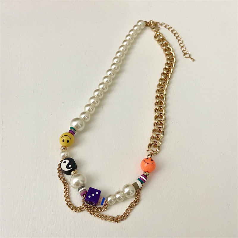 GOLD CHAIN AND PEARL NECKLACE WITH COLORFUL CHARMS FRESHWATER PEARL