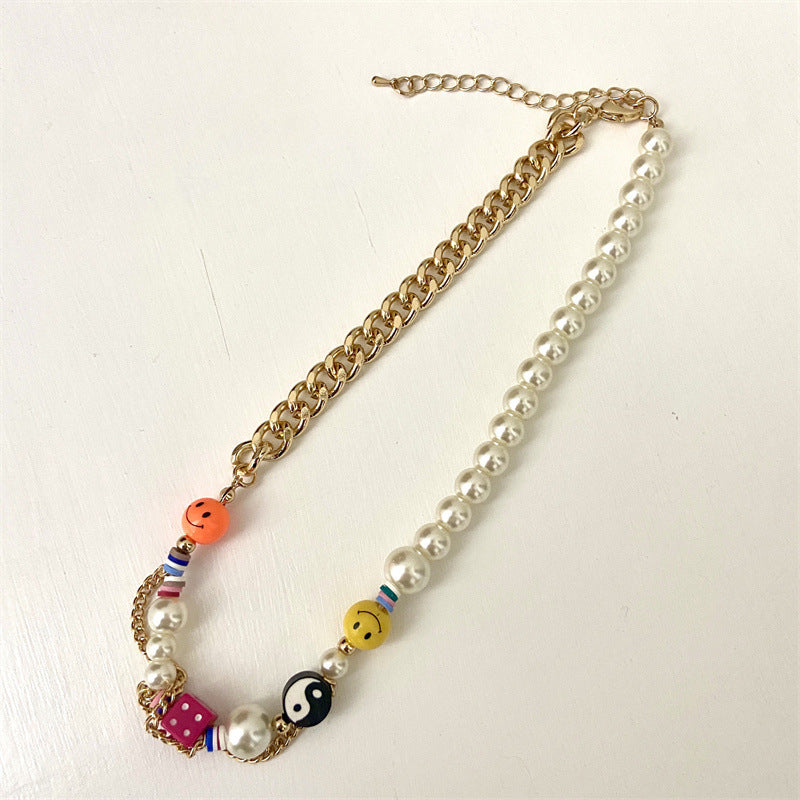 GOLD CHAIN AND PEARL NECKLACE WITH COLORFUL CHARMS FRESHWATER PEARL