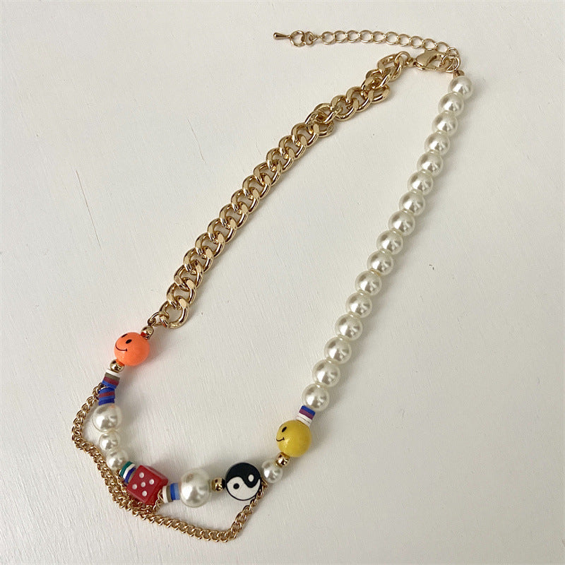 GOLD CHAIN AND PEARL NECKLACE WITH COLORFUL CHARMS FRESHWATER PEARL