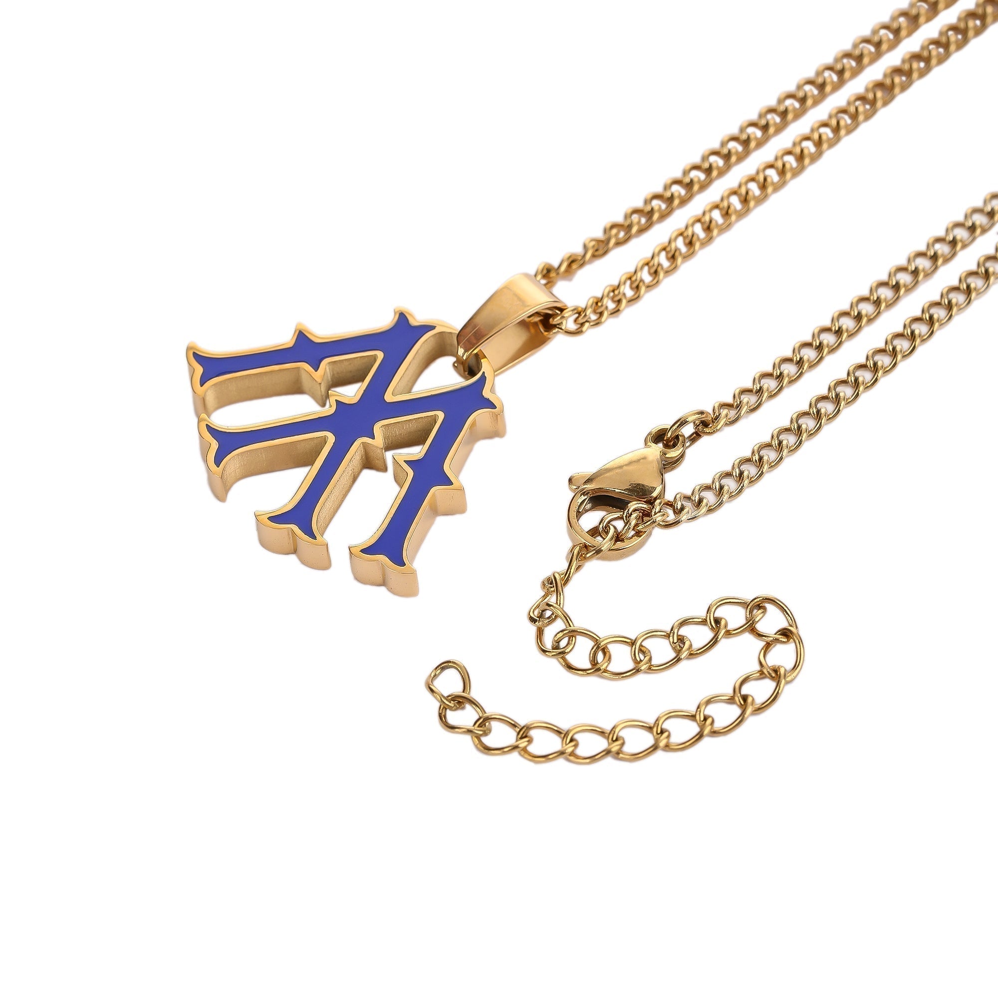 GOLD CHAIN NECKLACE WITH BLUE LETTER PENDANT 18K GOLD PLATING