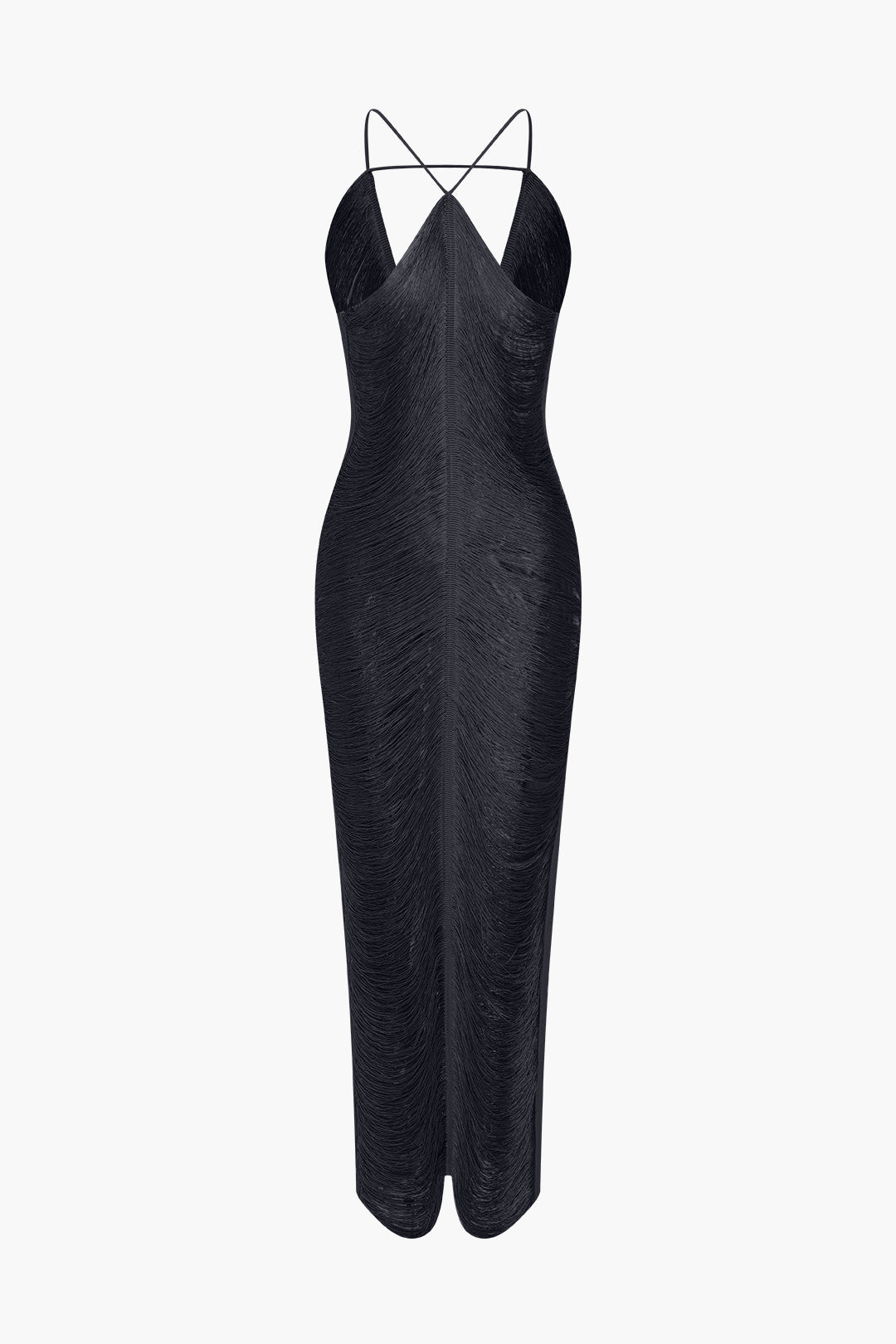 GOLD FRINGE EVENING GOWN WITH SLIT MIDI STYLE