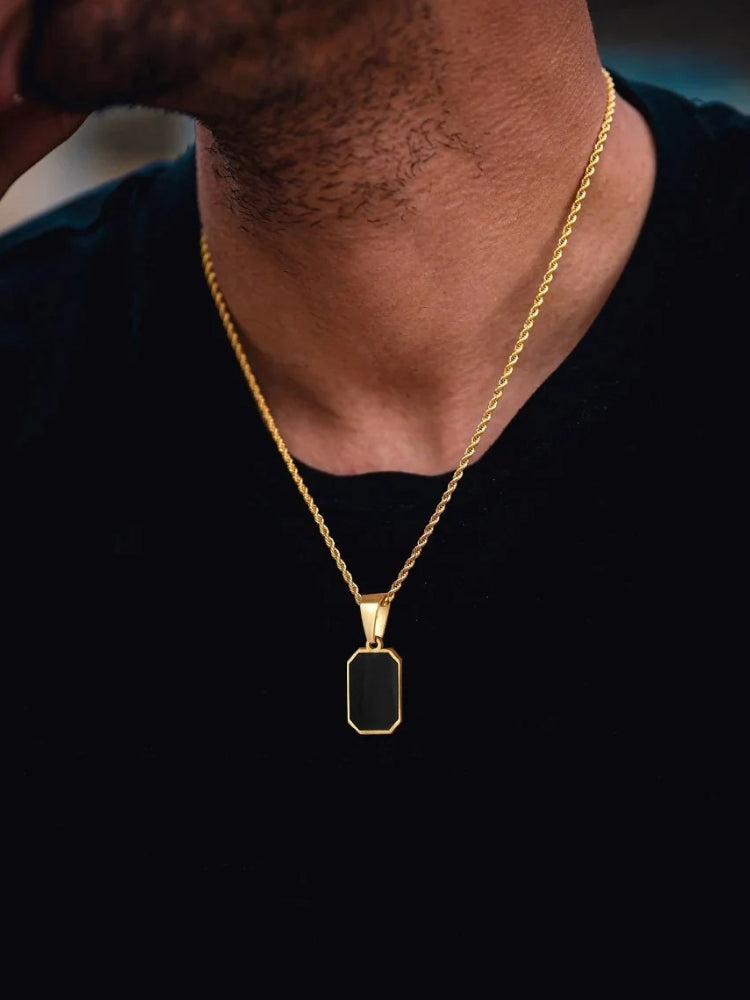 GOLD-TONE NECKLACE WITH BLACK PENDANT STAINLESS STEEL NECKLACE