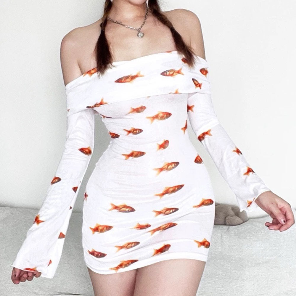 GOLDFISH PATTERN OFF SHOULDER MINI DRESS CHARMING GOLDFISH