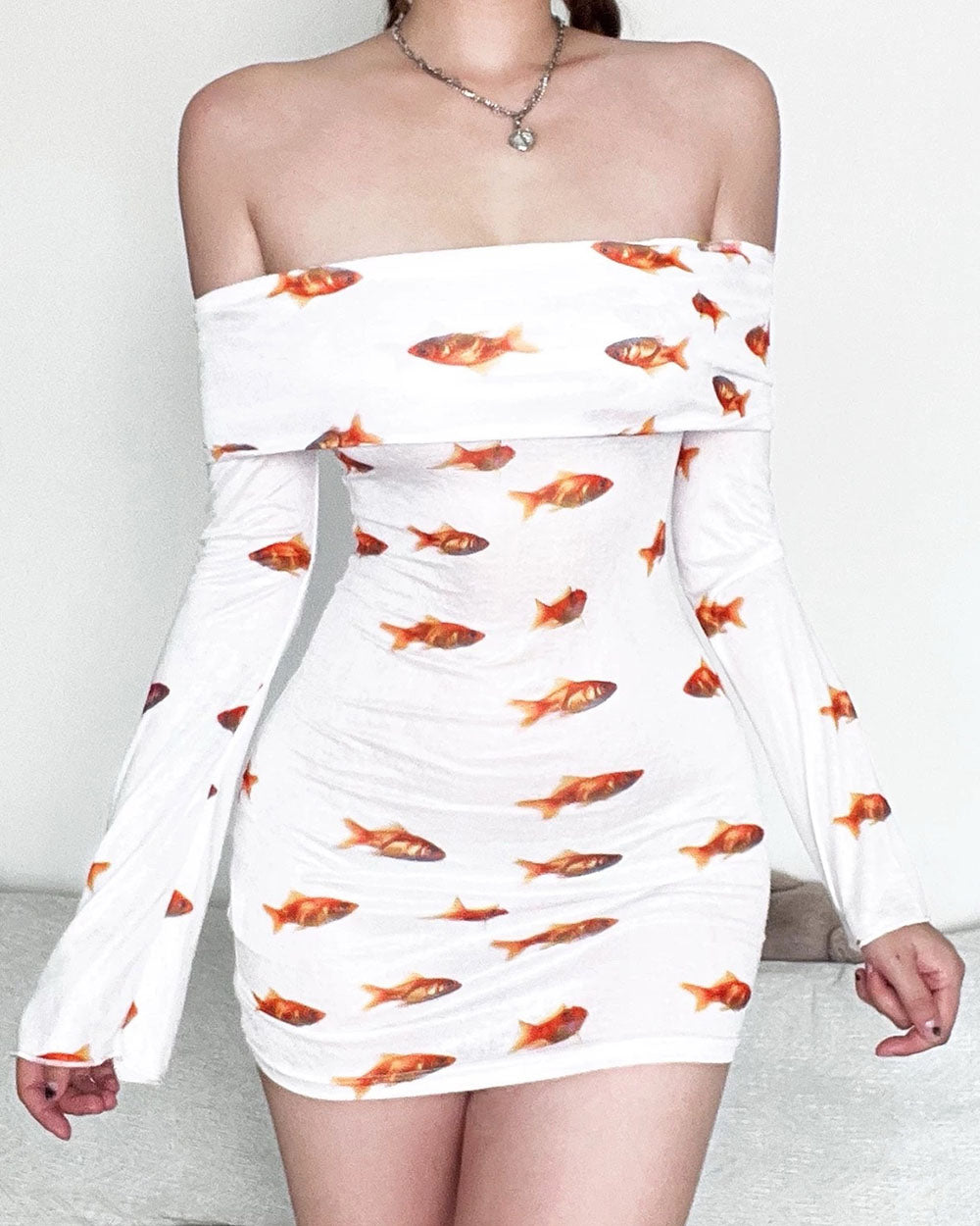 GOLDFISH PATTERN OFF SHOULDER MINI DRESS CHARMING GOLDFISH