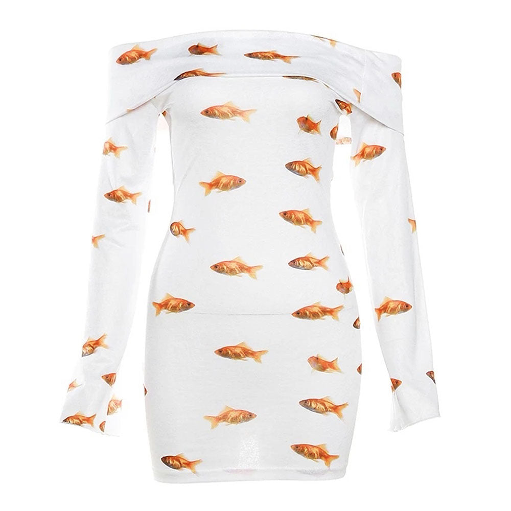 GOLDFISH PATTERN OFF SHOULDER MINI DRESS CHARMING GOLDFISH