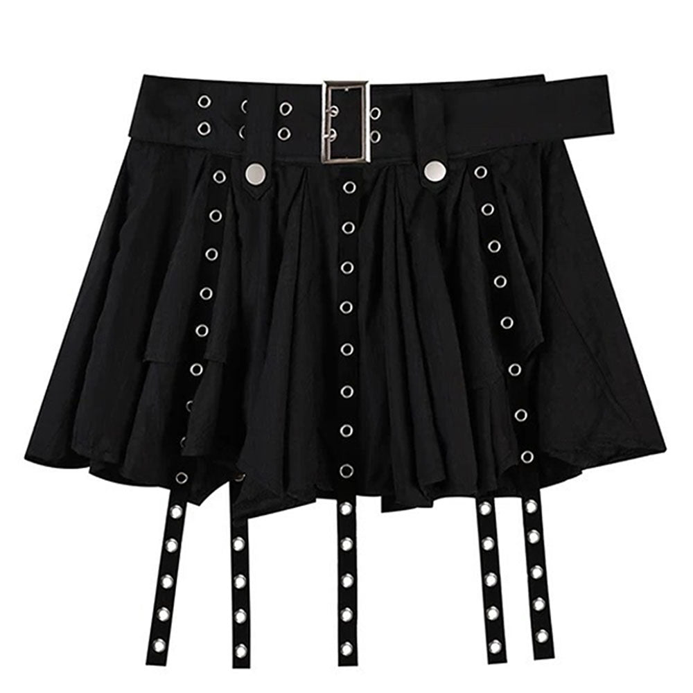 GOTHIC MINI SKIRT BLACK EYELET BELT LAYERED MINI