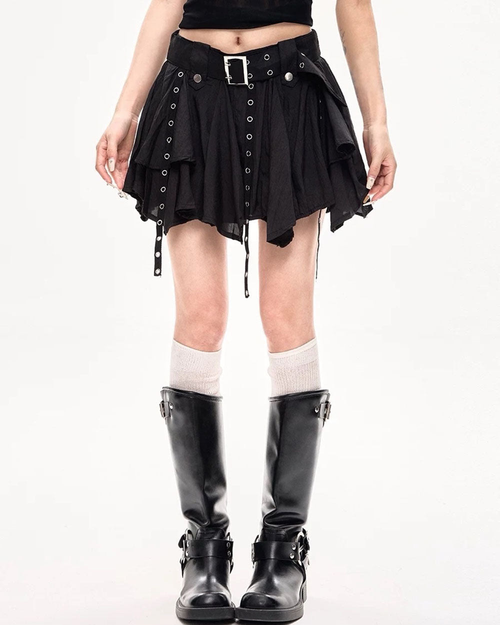 GOTHIC MINI SKIRT BLACK EYELET BELT LAYERED MINI