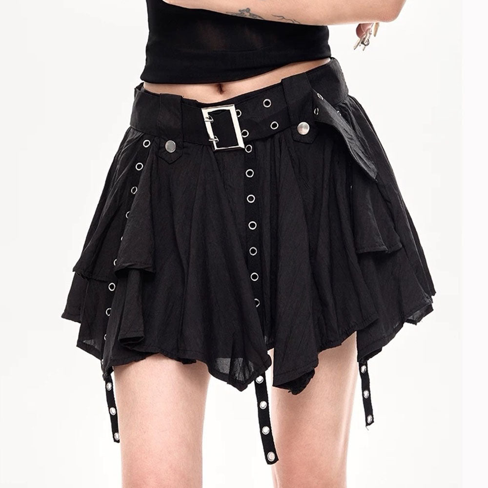 GOTHIC MINI SKIRT BLACK EYELET BELT LAYERED MINI