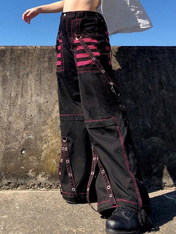 GOTHIC PANTS WITH EYELET STRAP IN BLACK AND PINK PUNK EYELET STRAP