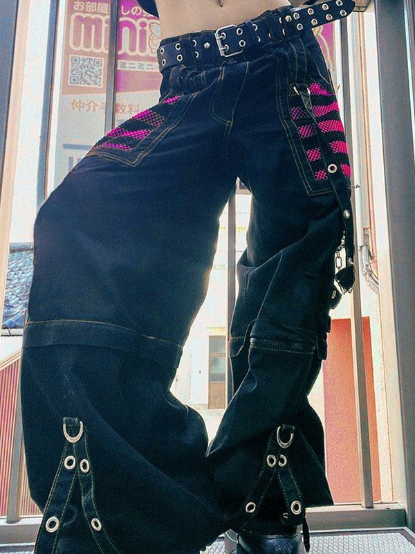 GOTHIC PANTS WITH EYELET STRAP IN BLACK AND PINK PUNK EYELET STRAP