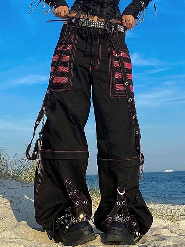 GOTHIC PANTS WITH EYELET STRAP IN BLACK AND PINK PUNK EYELET STRAP