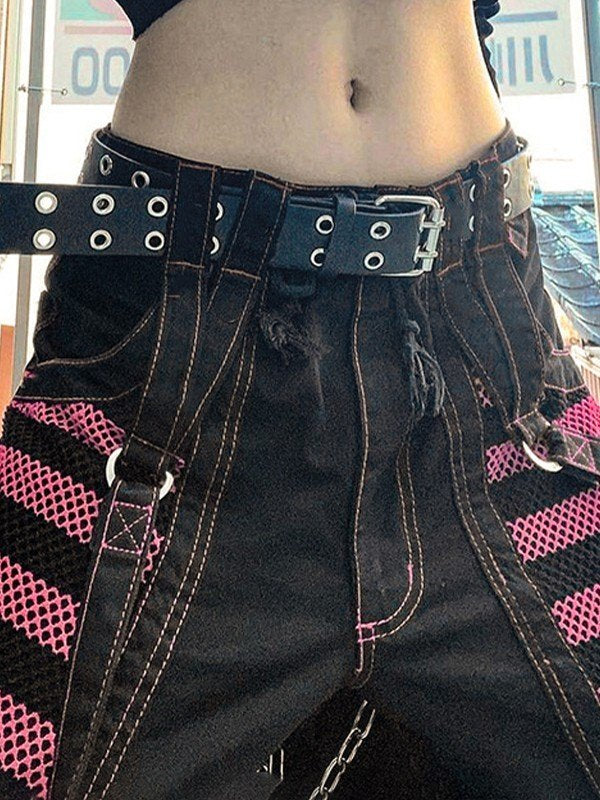 GOTHIC PANTS WITH EYELET STRAP IN BLACK AND PINK PUNK EYELET STRAP