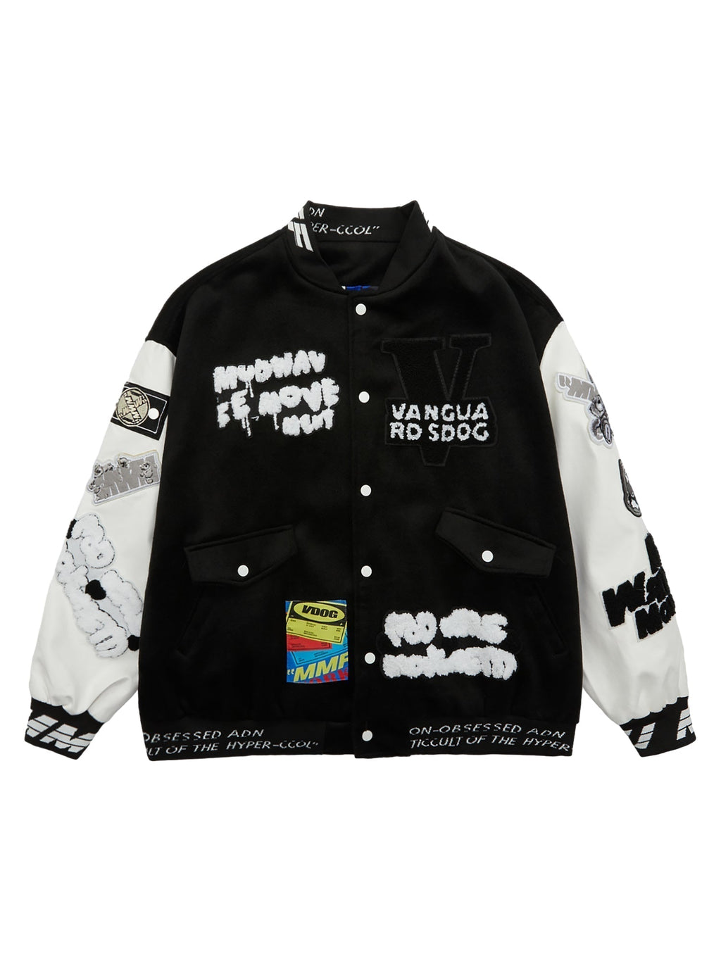 GRAPHIC-PRINT VARSITY JACKET WITH BASEBALL COLLAR AND LONG SLEEVE DESIGN