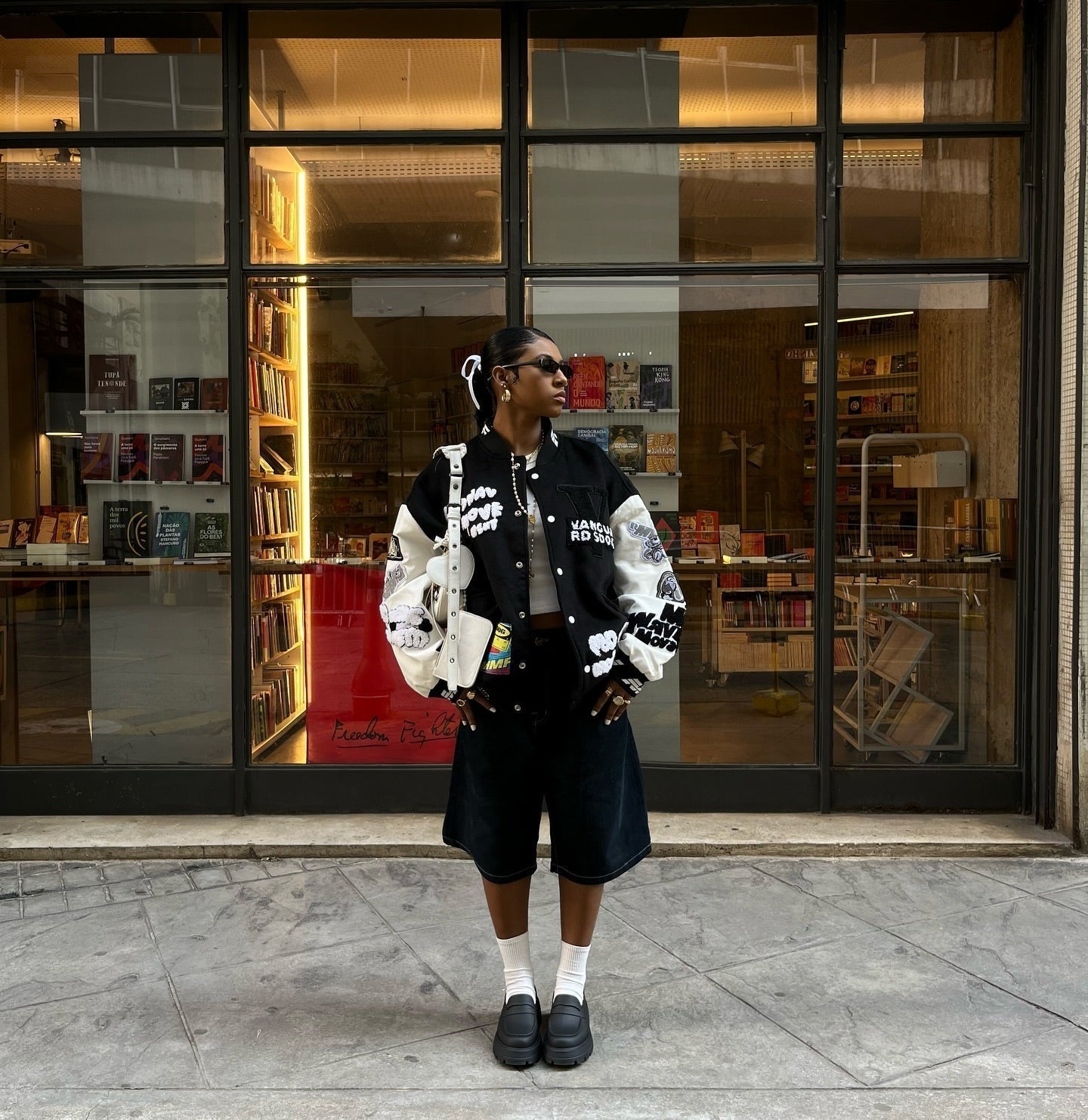 GRAPHIC-PRINT VARSITY JACKET WITH BASEBALL COLLAR AND LONG SLEEVE DESIGN