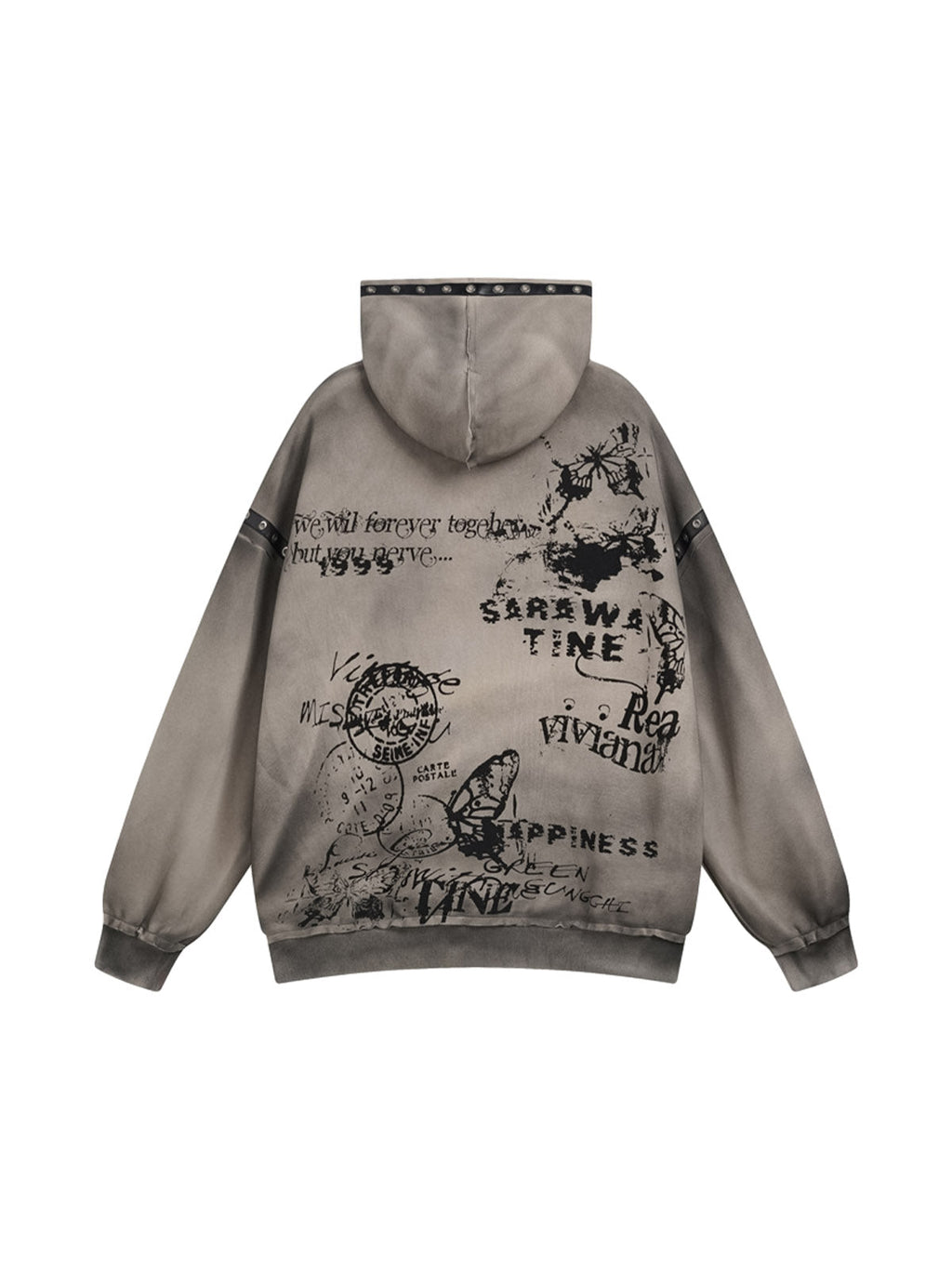 GRAPHIC-PRINT ZIP-UP HOODIE WITH WASTELAND STYLE DISTRESSED DESIGN