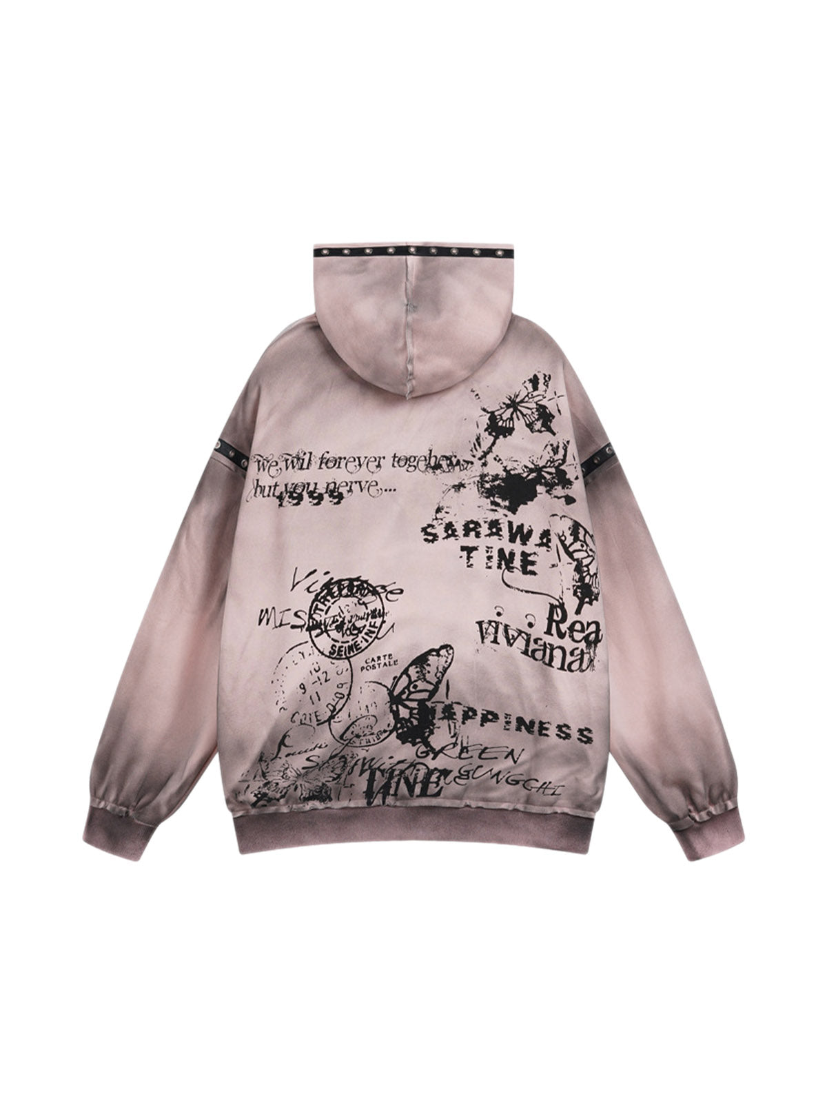 GRAPHIC-PRINT ZIP-UP HOODIE WITH WASTELAND STYLE DISTRESSED DESIGN