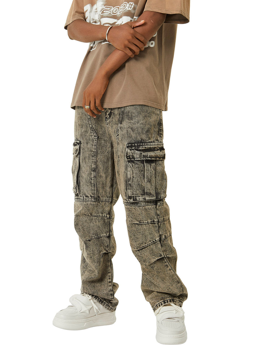 GRAY ACID-WASH CARGO PANTS MID WAIST STRAIGHT LEG DESIGN