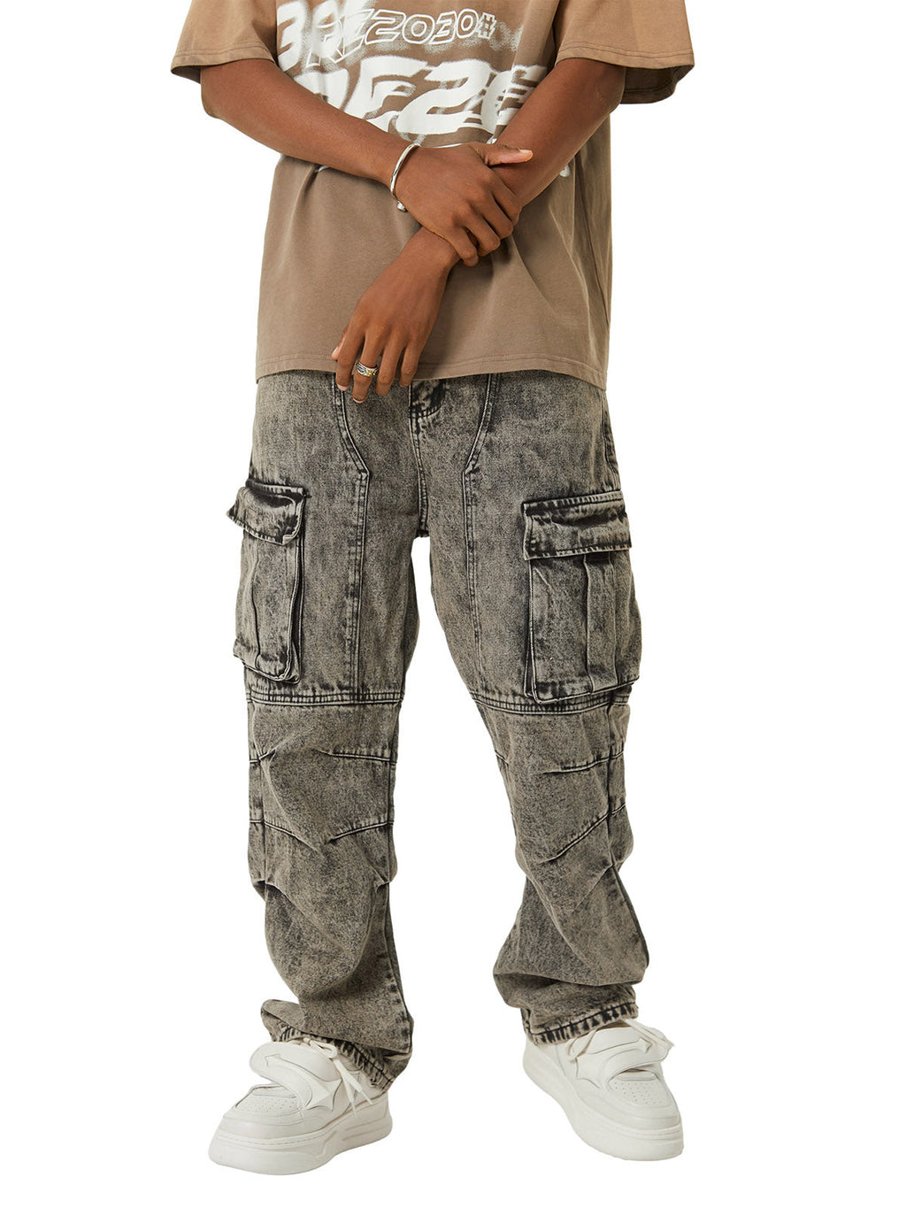 GRAY ACID-WASH CARGO PANTS MID WAIST STRAIGHT LEG DESIGN