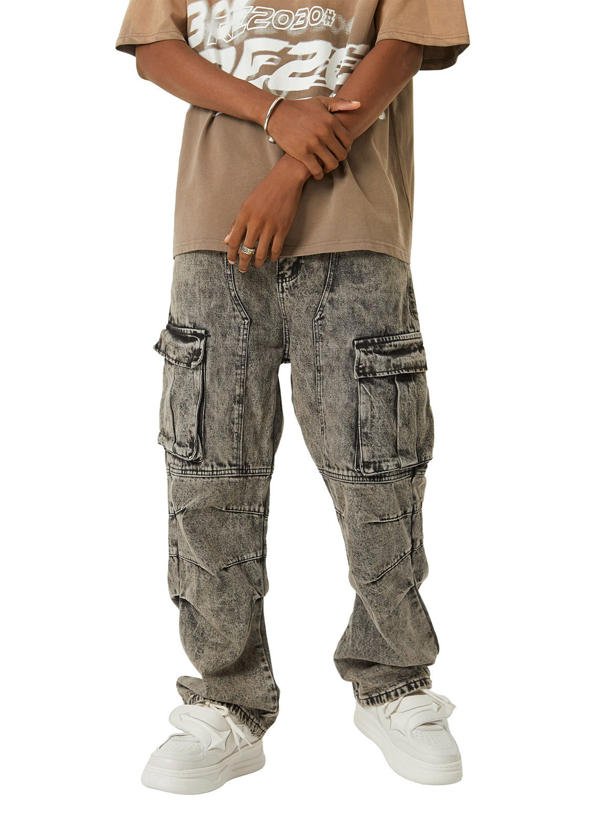 GRAY ACID-WASH CARGO PANTS MID WAIST STRAIGHT LEG DESIGN
