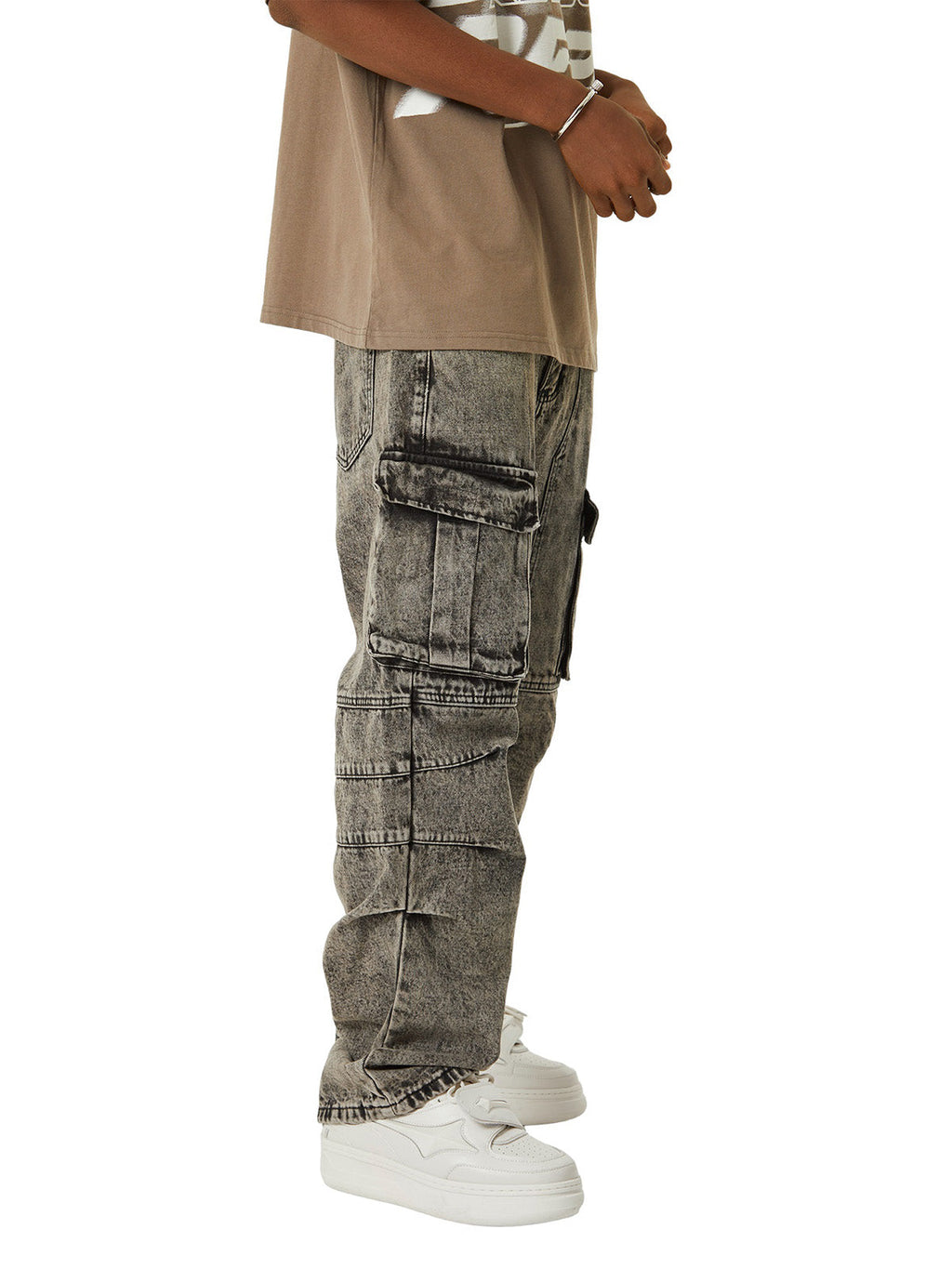 GRAY ACID-WASH CARGO PANTS MID WAIST STRAIGHT LEG DESIGN