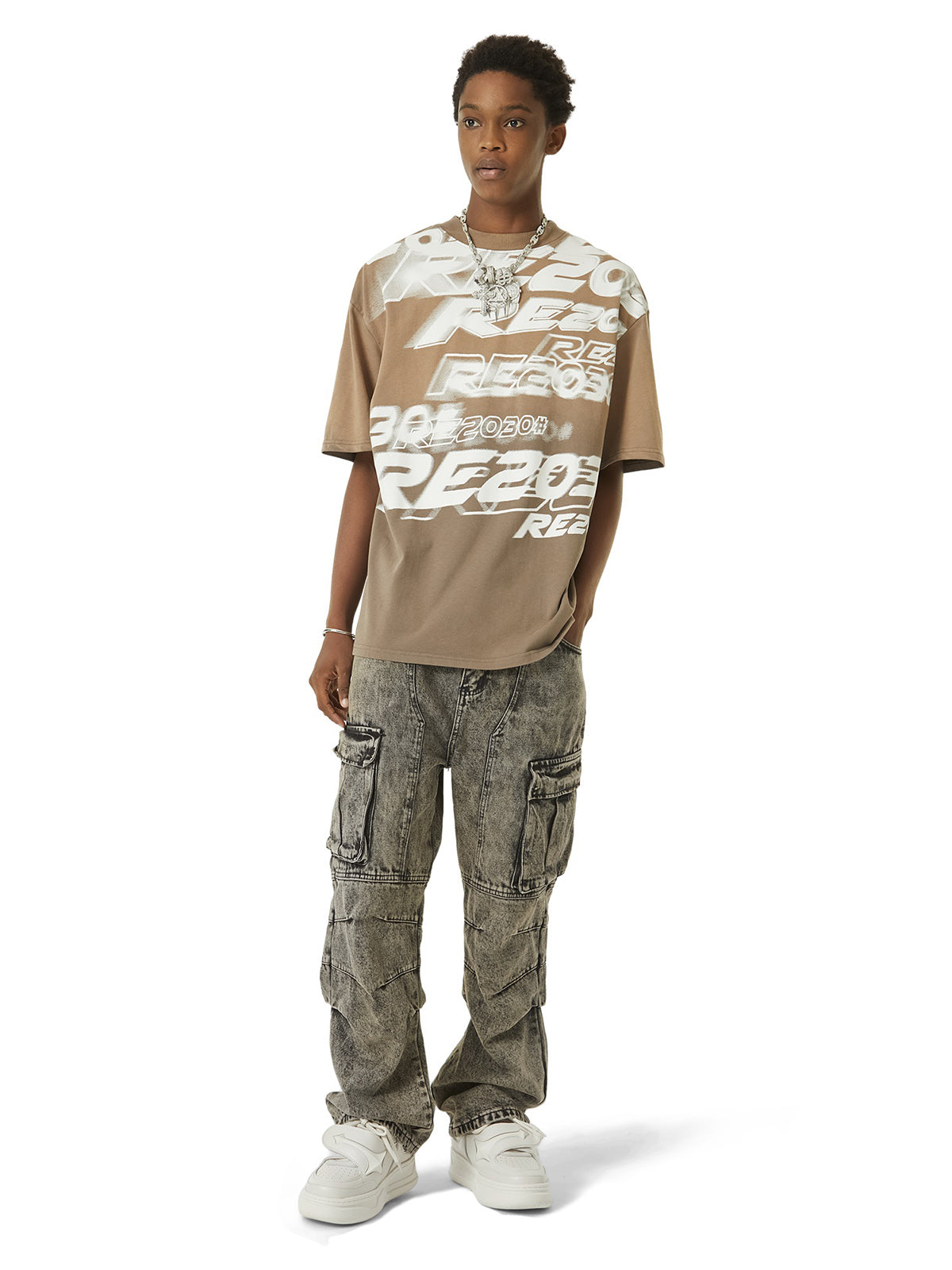 GRAY ACID-WASH CARGO PANTS MID WAIST STRAIGHT LEG DESIGN