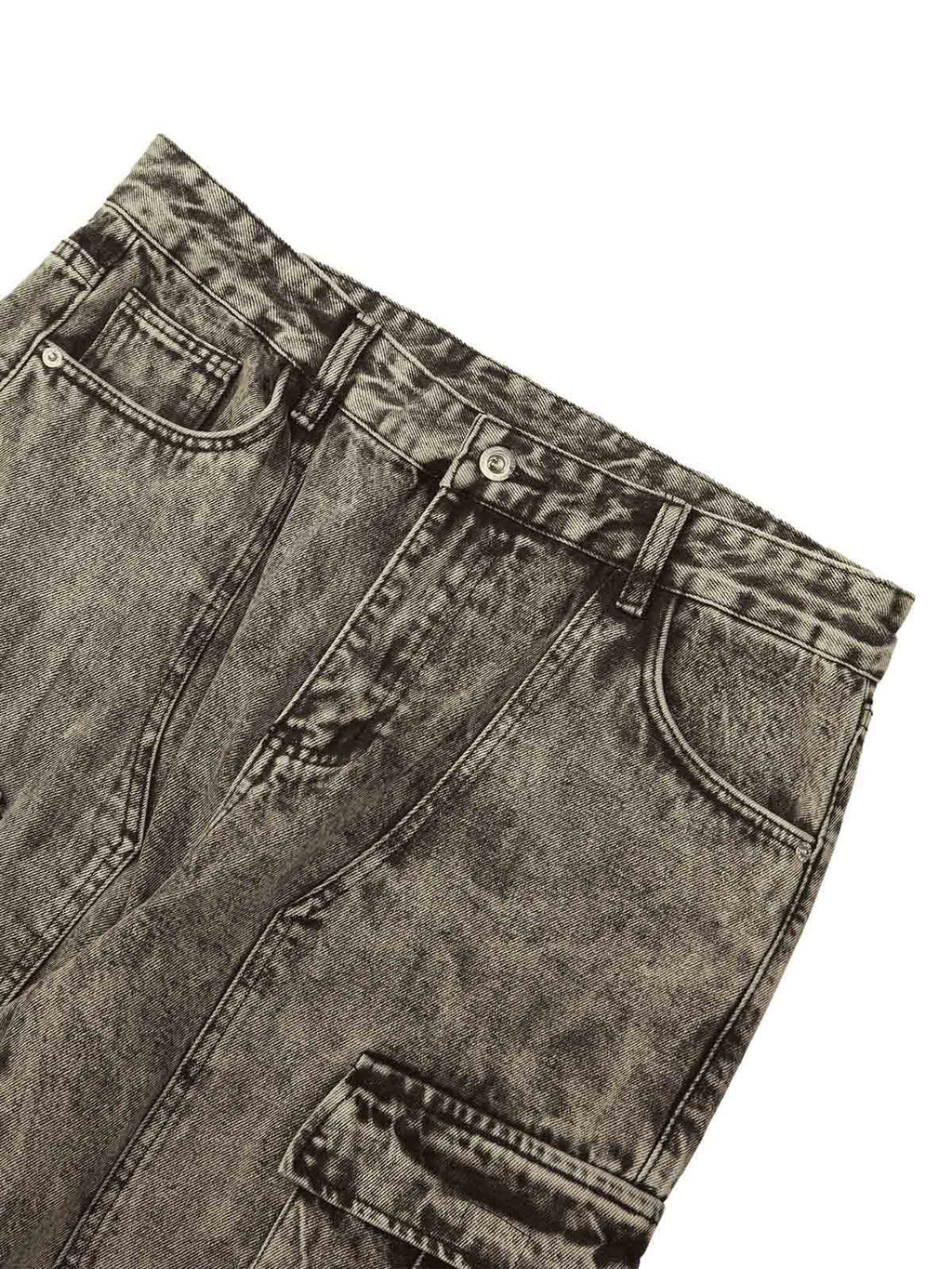 GRAY ACID-WASH CARGO PANTS MID WAIST STRAIGHT LEG DESIGN
