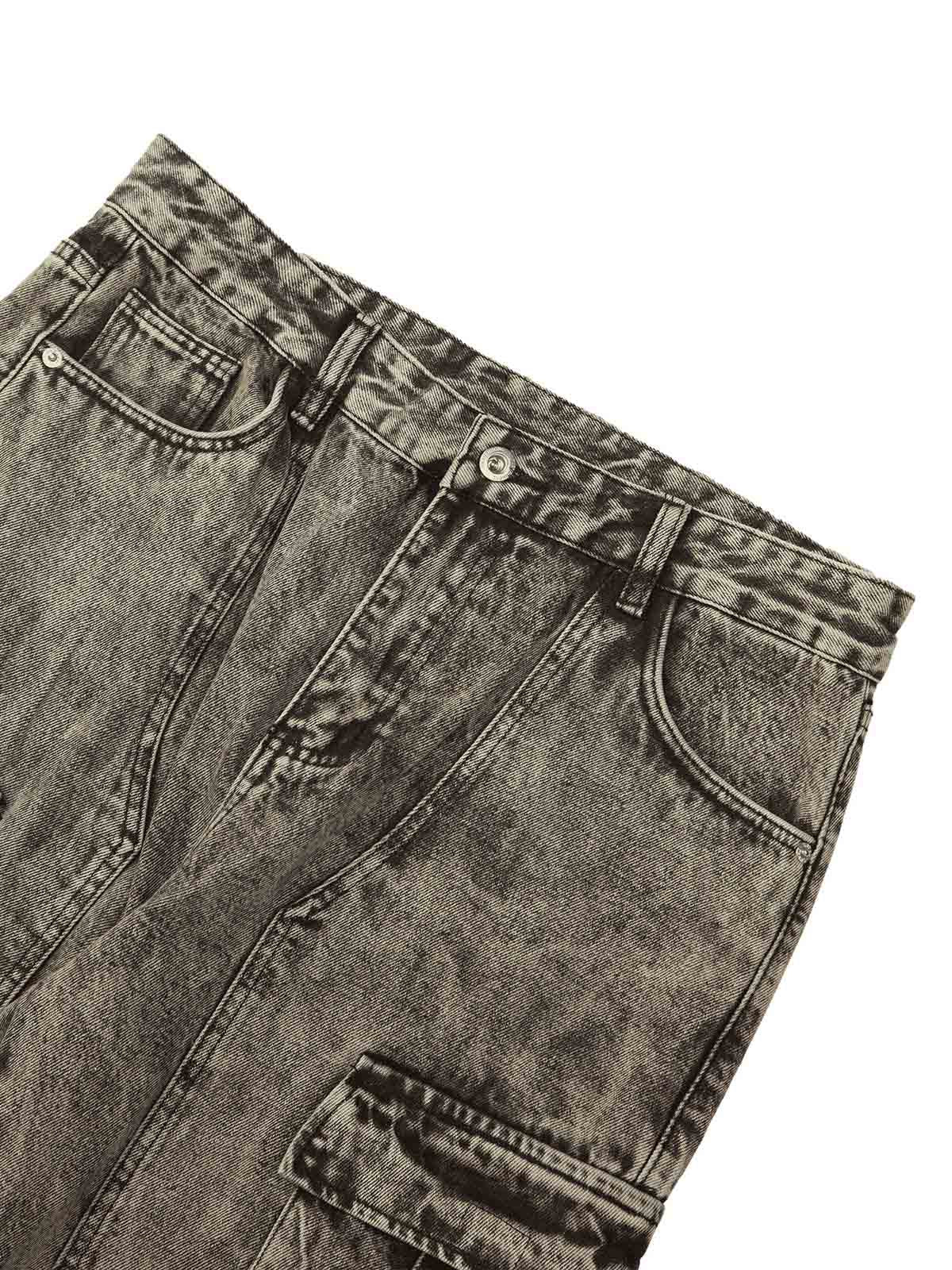 GRAY ACID-WASH CARGO PANTS MID WAIST STRAIGHT LEG DESIGN