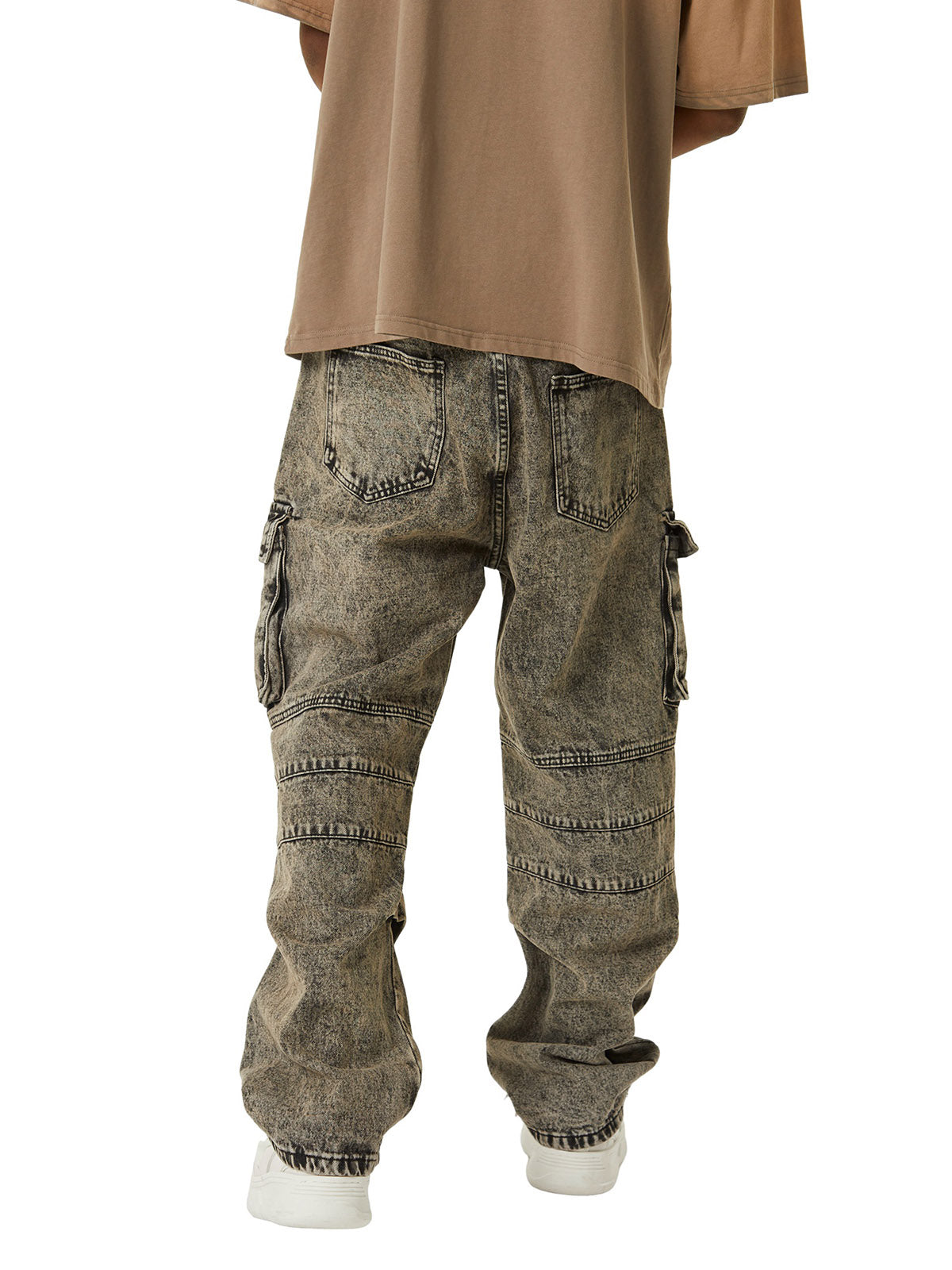 GRAY ACID-WASH CARGO PANTS MID WAIST STRAIGHT LEG DESIGN